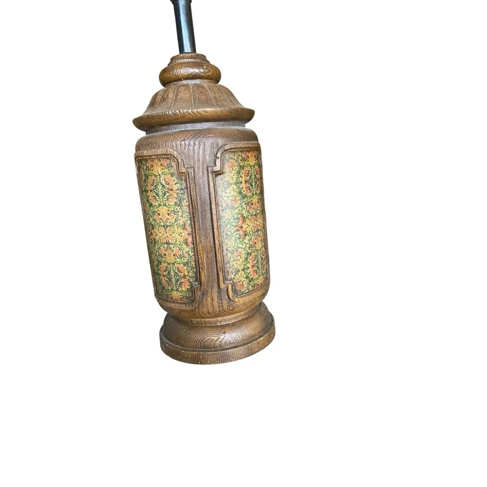 Vintage Mid Century Table Lamp Wood Grain Floral Panels Hollywood Regency Retro